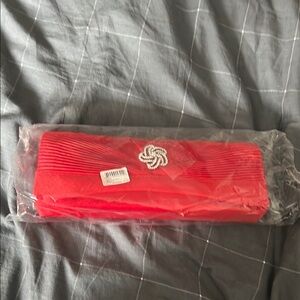Red Pleated Clutch Purse with Rhinestone Brooch Accent